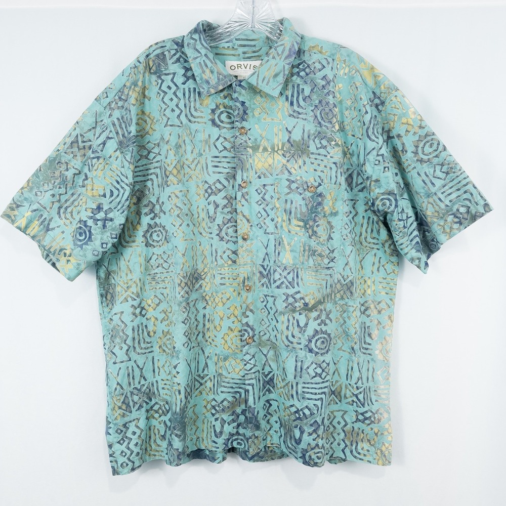 Vintage Orvis Batik Hawaiian Camp Shirt Mens XL Cotton Abstract Resortwear Beach